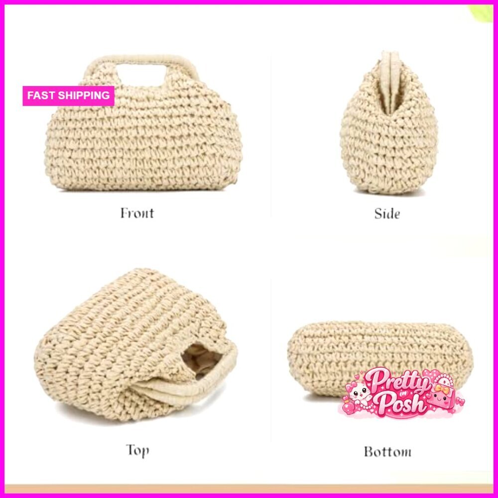 Paper Rope Straw Dumpling Clutch Purse with Detachable Crossbody Chain Strap - Picture 4 of 7